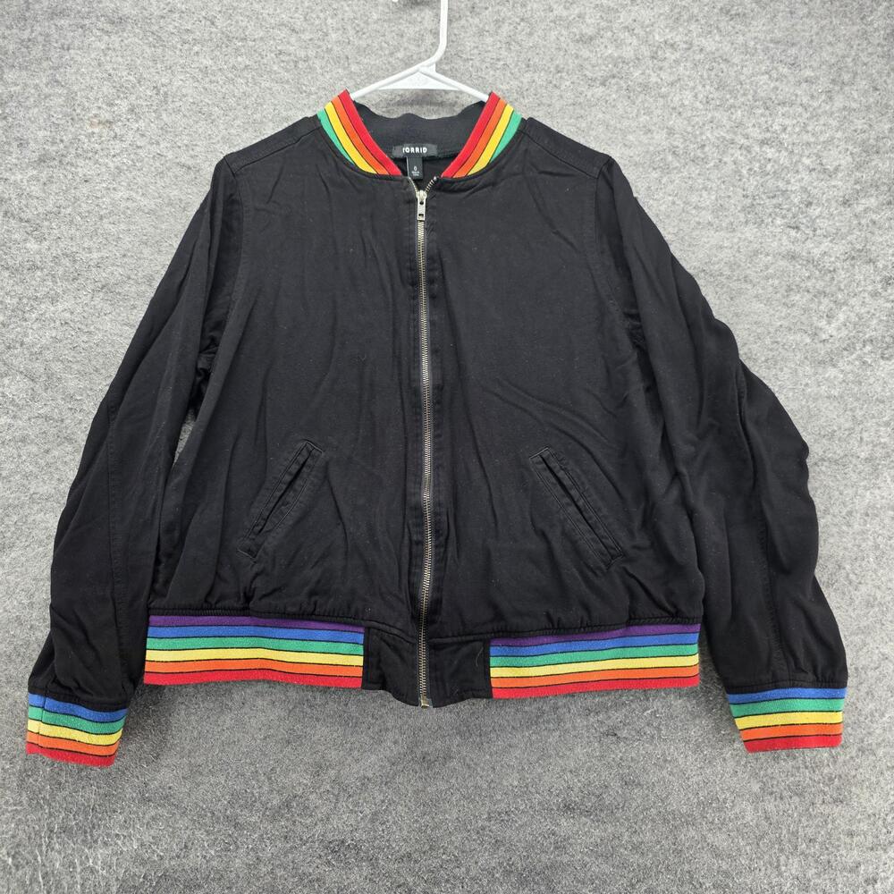 TORRID Bomber Jacket Womens 0 Black Rayon Full Zip Pockets Elastic Waist